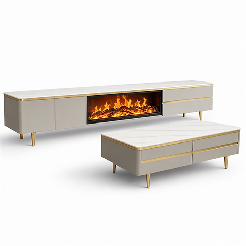 Beige tv stand with fireplace matching coffee table 