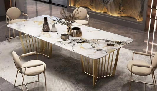 Gold marble dining table stainless steel base