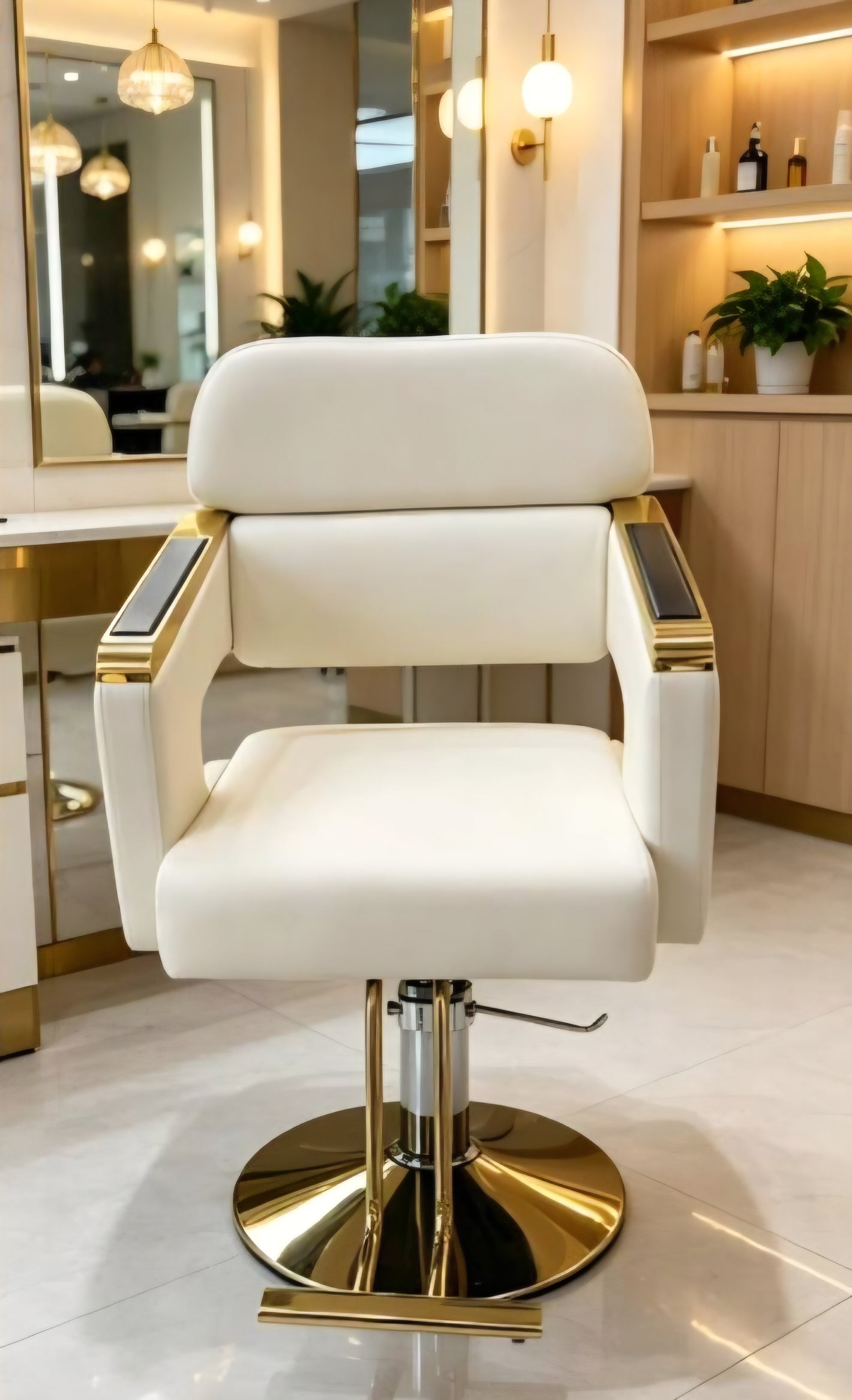 White and gold salon barber chairs
