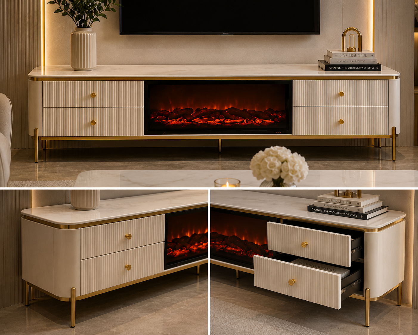 White and gold tv stand plasma stand with fireplace