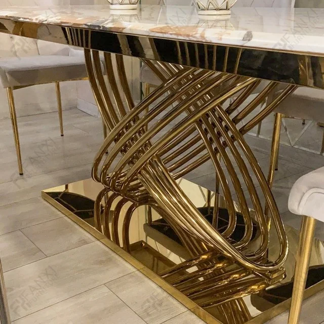 Gold stainless steel dining table marble top