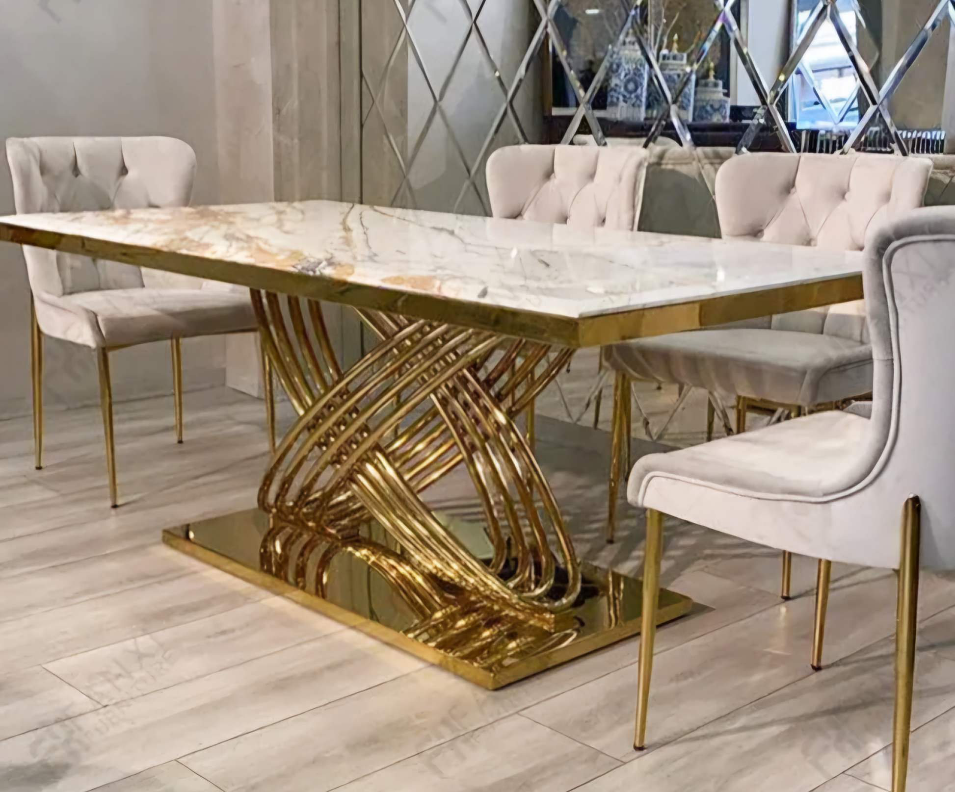 Gold stainless steel dining table marble top