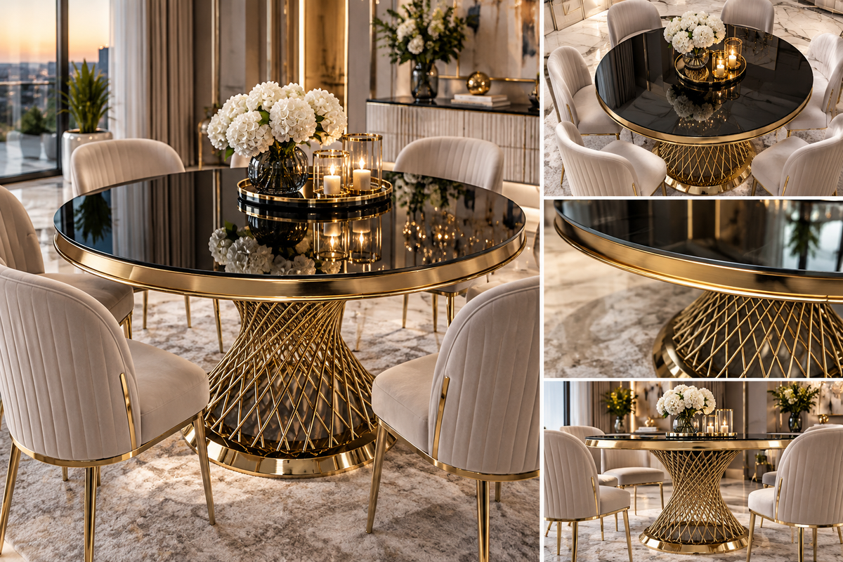 Round gold dining table glass top