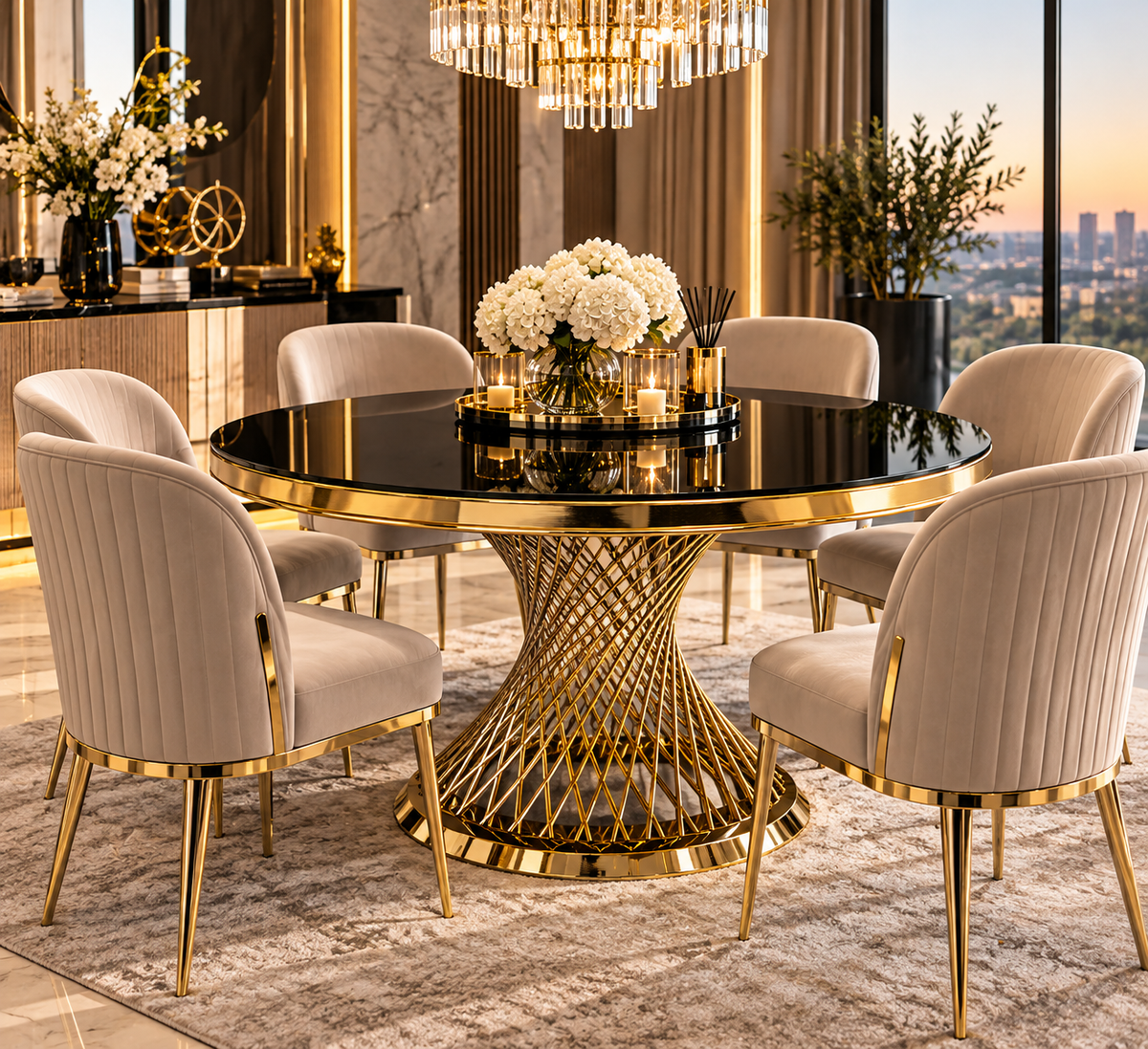 Round gold dining table glass top