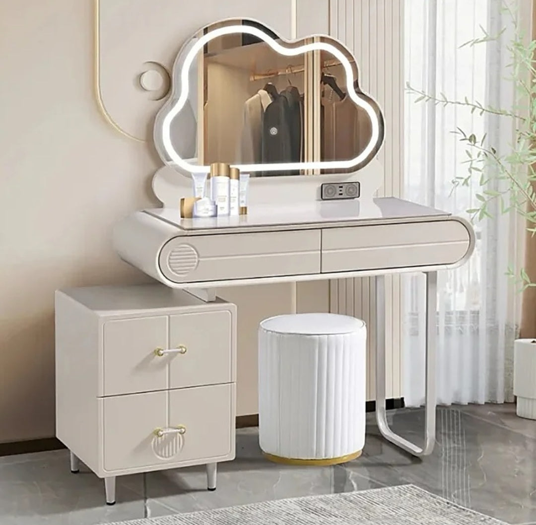 White vanity set led mirror and ottoman 