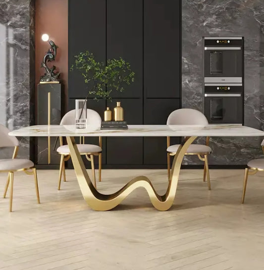 Gold marble dining table stainless steel base