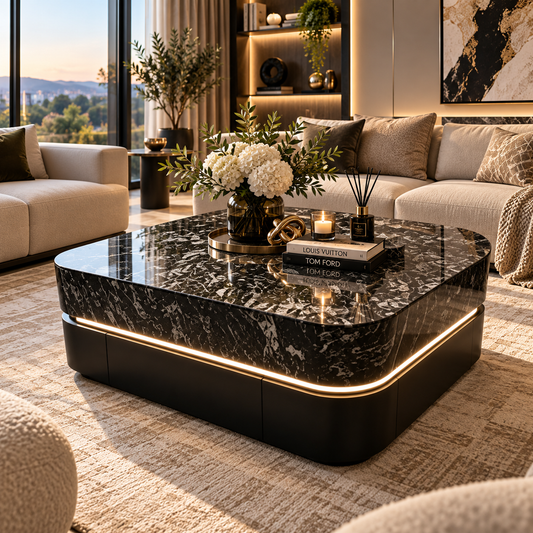 Black marble coffee table led light