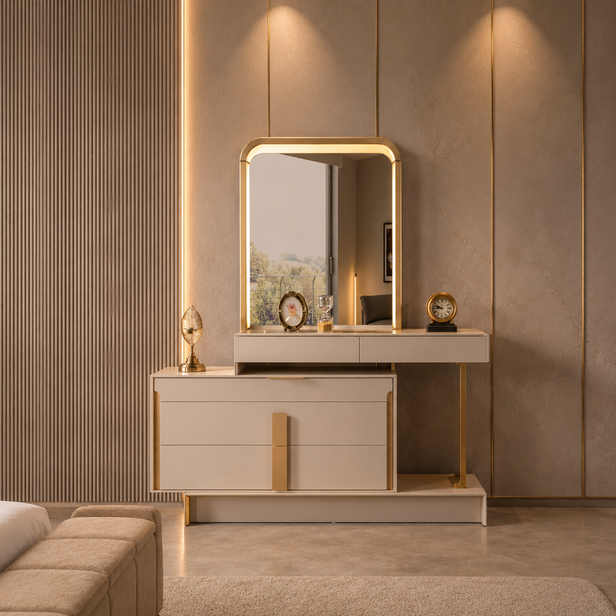 Cream bedroom suite with lights storage base pedestals 