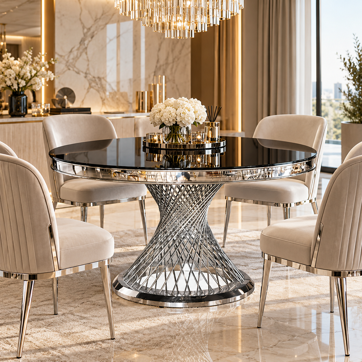 Round silver dining table glass top