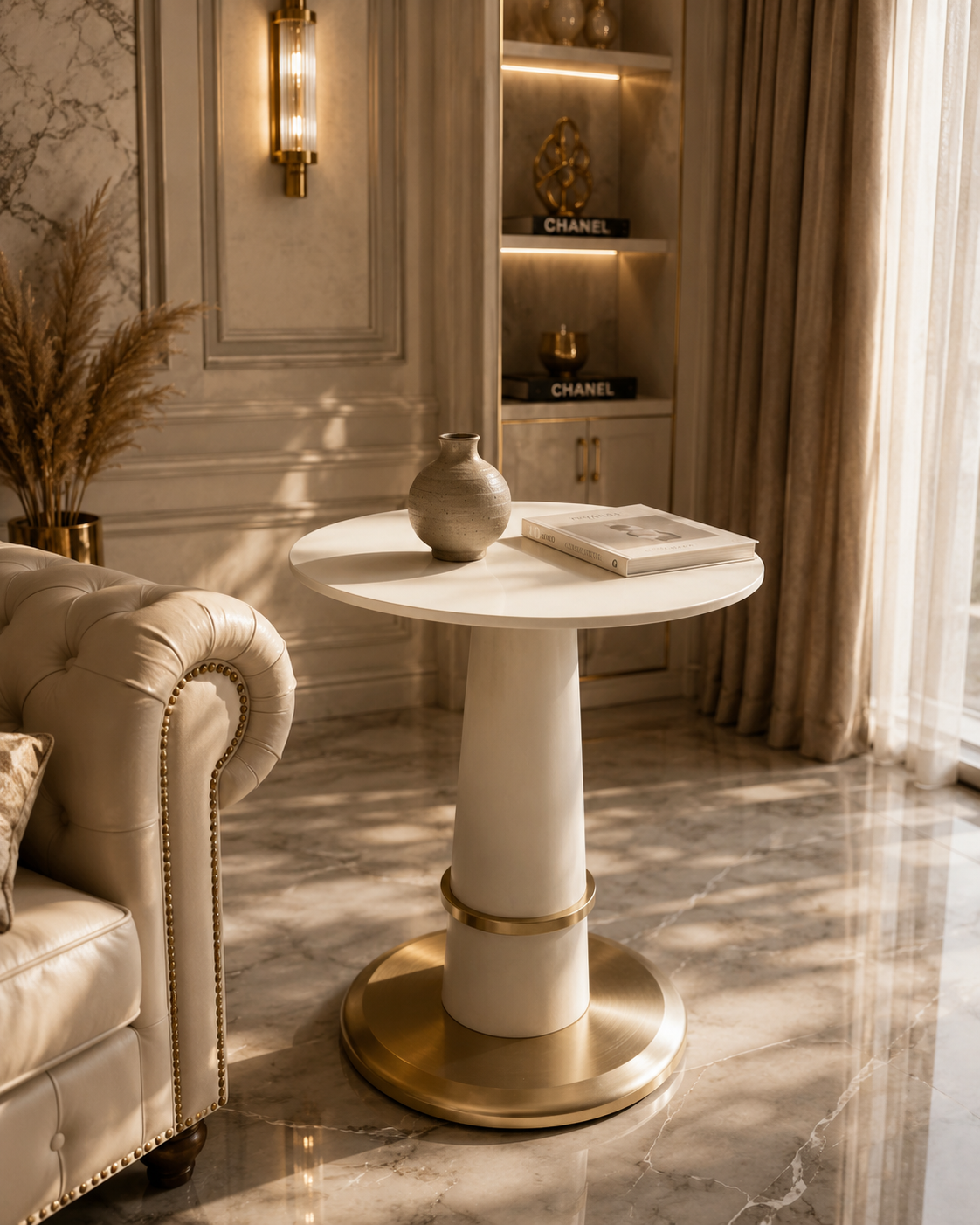 A round white marble-top side table with a cylindrical pedestal base and a brushed gold circular foot ring