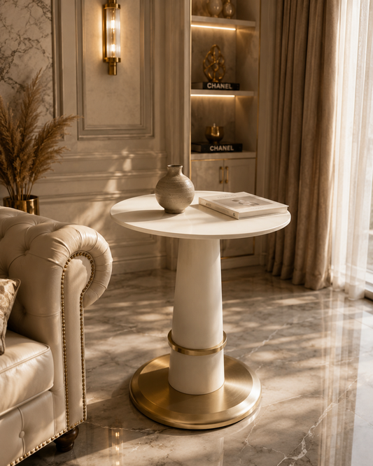 A round white marble-top side table with a cylindrical pedestal base and a brushed gold circular foot ring
