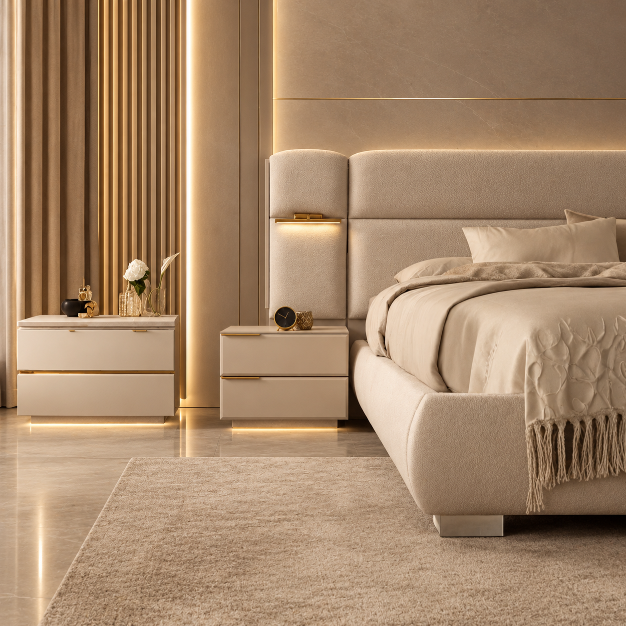 Cream bedroom suite with lights storage base pedestals 
