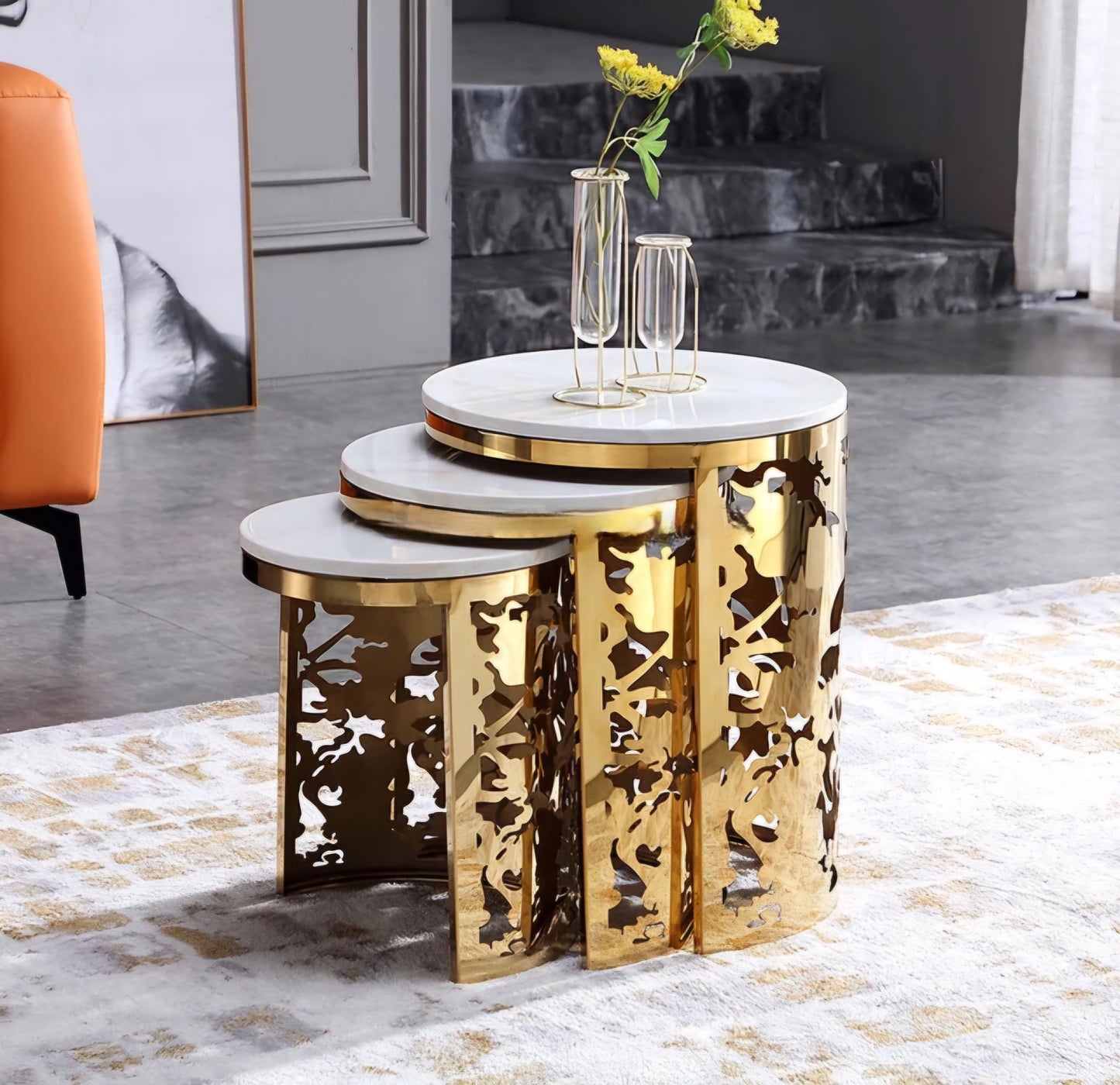 Round Nested gold side tables 
