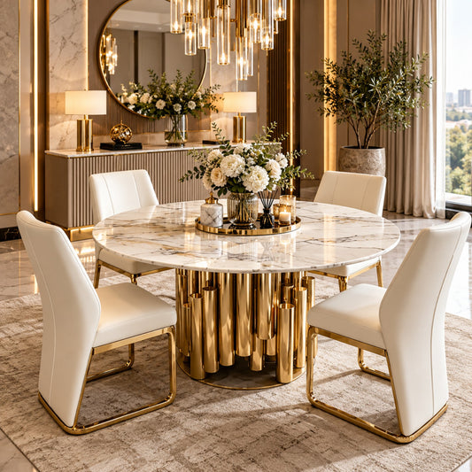 Round gold dining table marble top