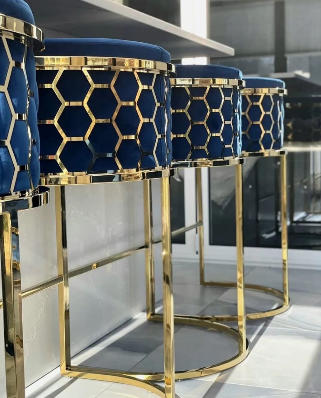 luxury gold bar chairs blue velvet honeycomb