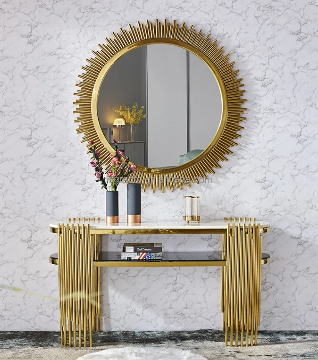 Gold marble console mirror set