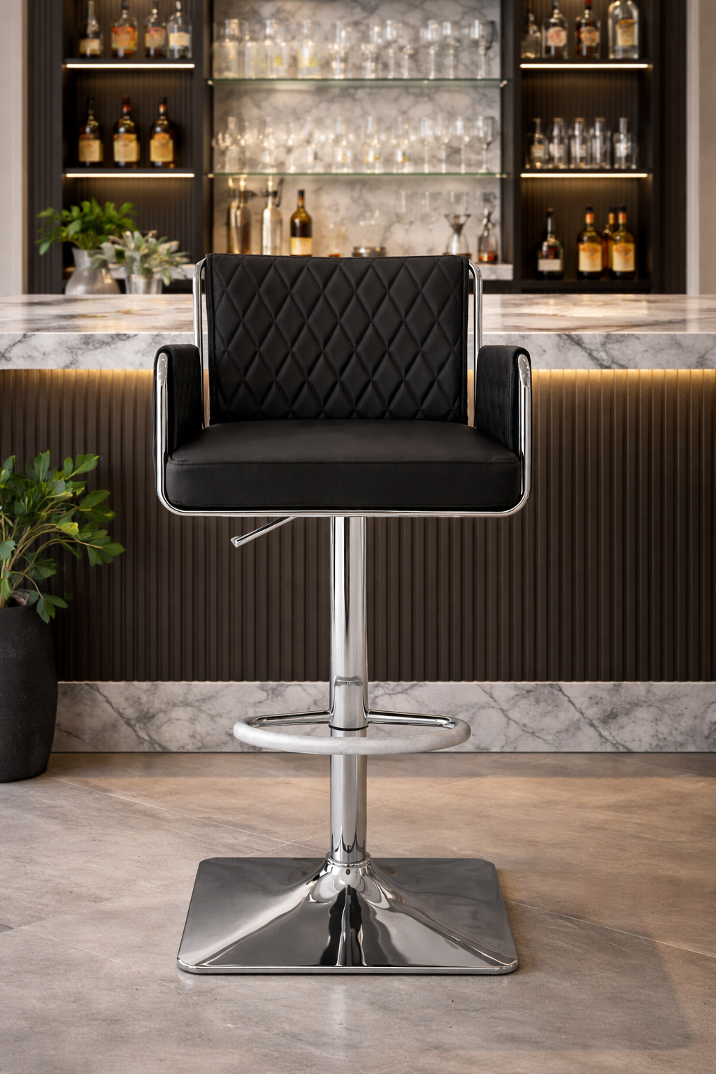 Black leather and silver bar stool 