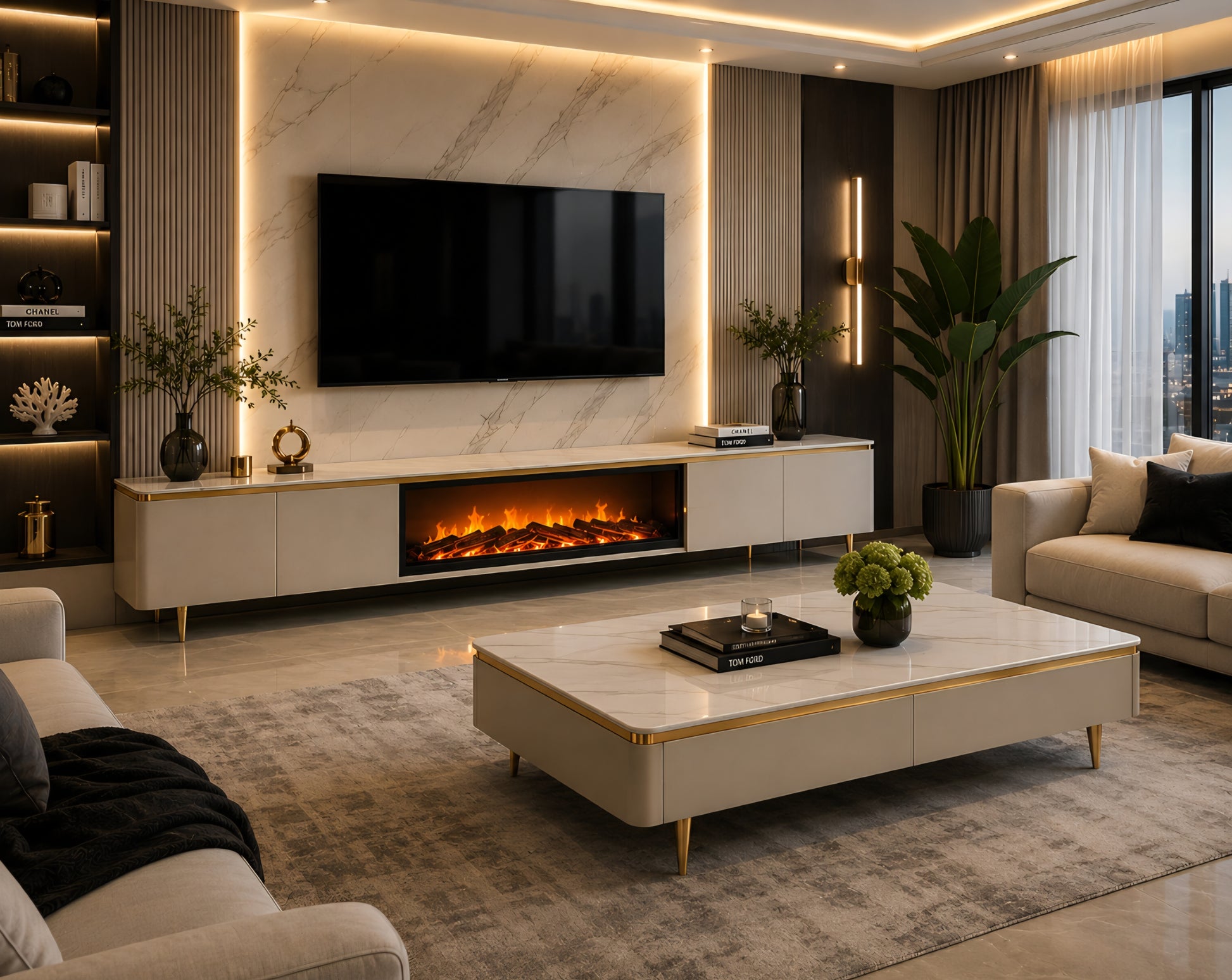 Beige tv stand with fireplace matching coffee table 