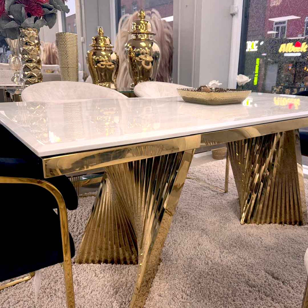 White and gold stainless steel dining table marble 