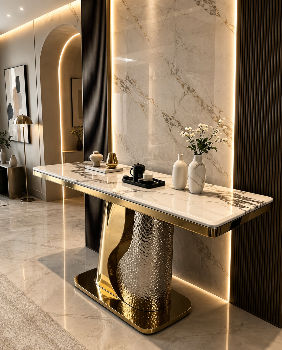 Wave design console table silver gold marble
