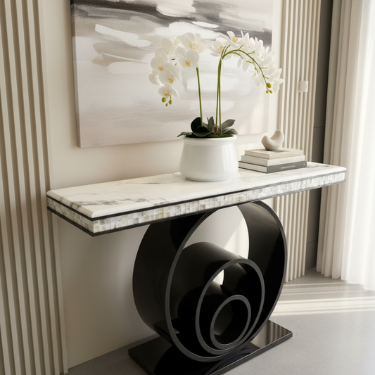 Modern console table with marble top and black spiral base