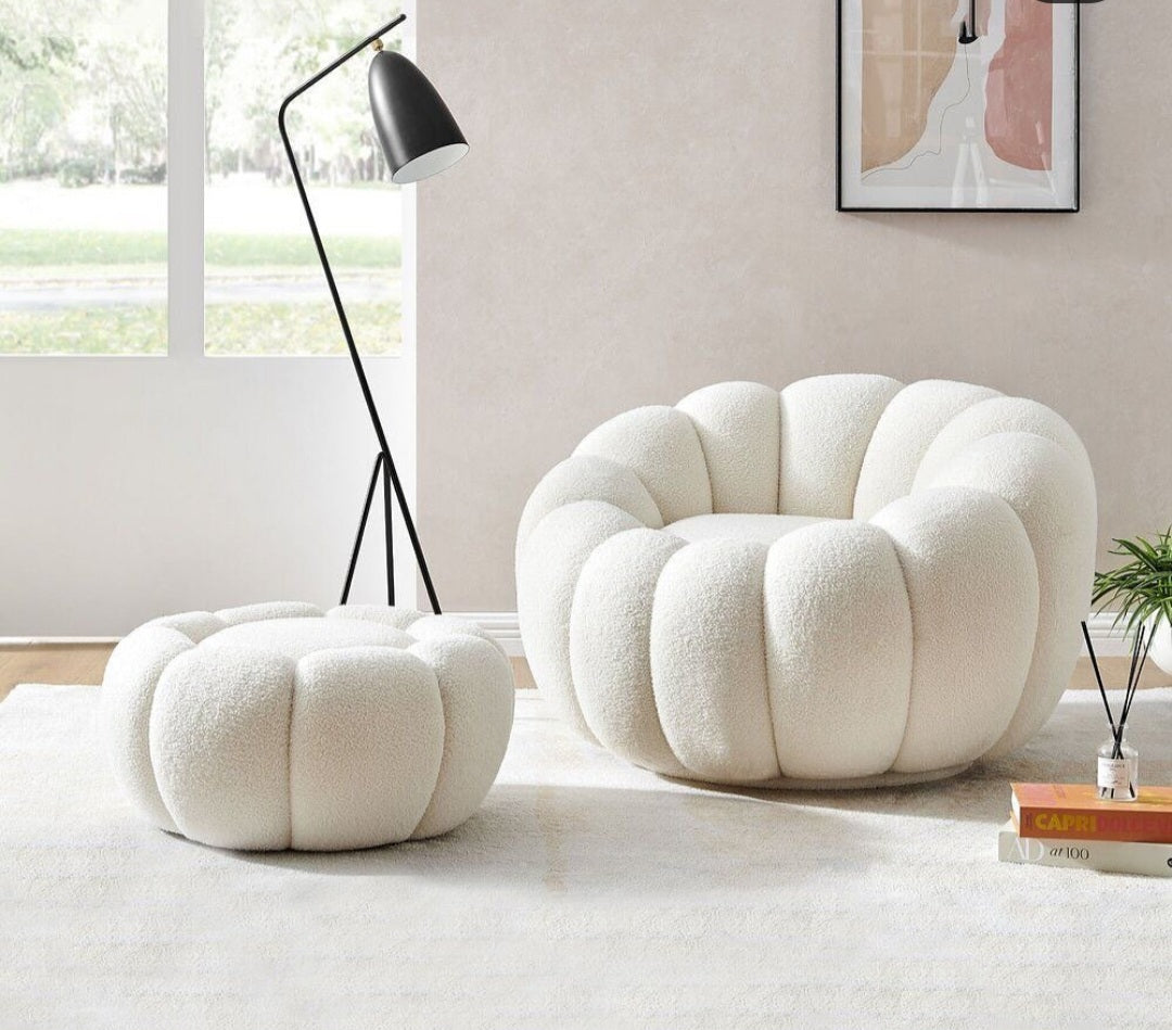 Boucle white lazy chair with ottoman