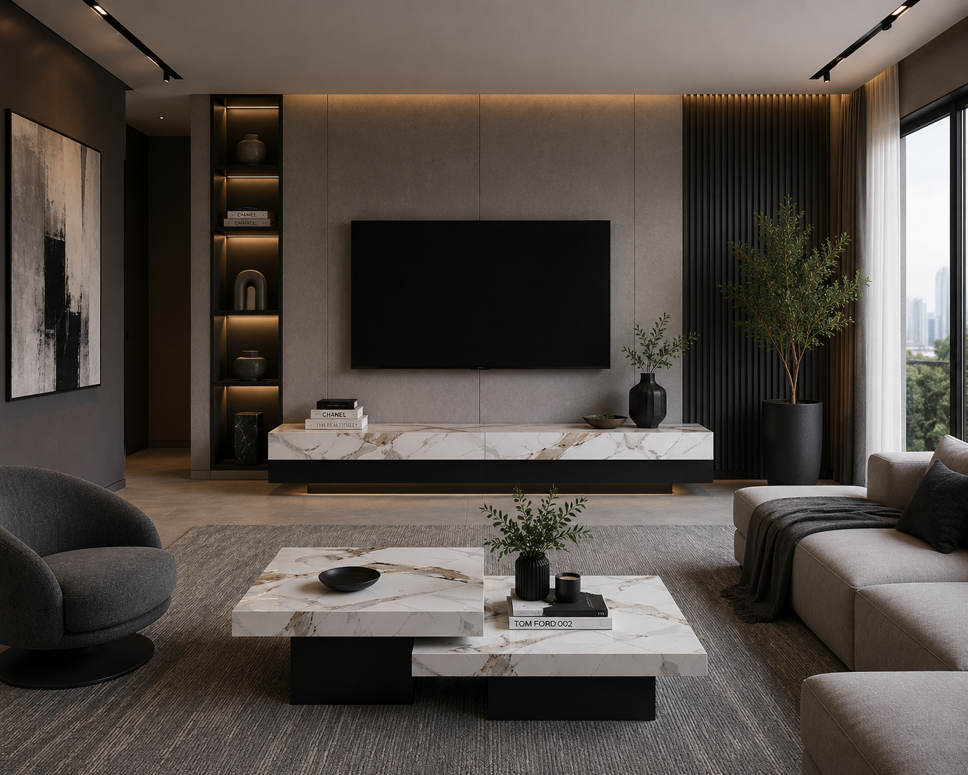White marble tv plasma stand floating design 