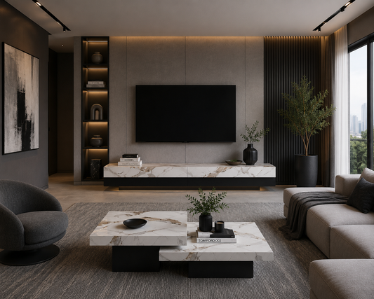 White marble tv plasma stand floating design 