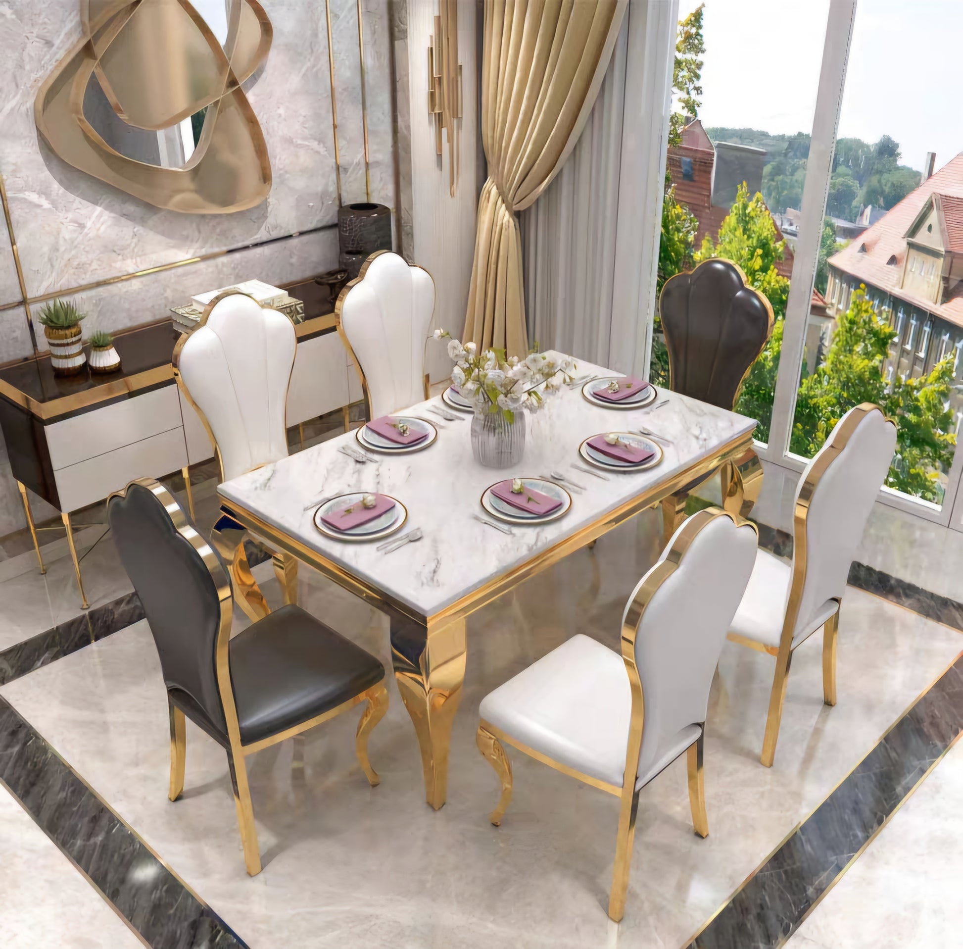 6 seater Gold marble dining set 