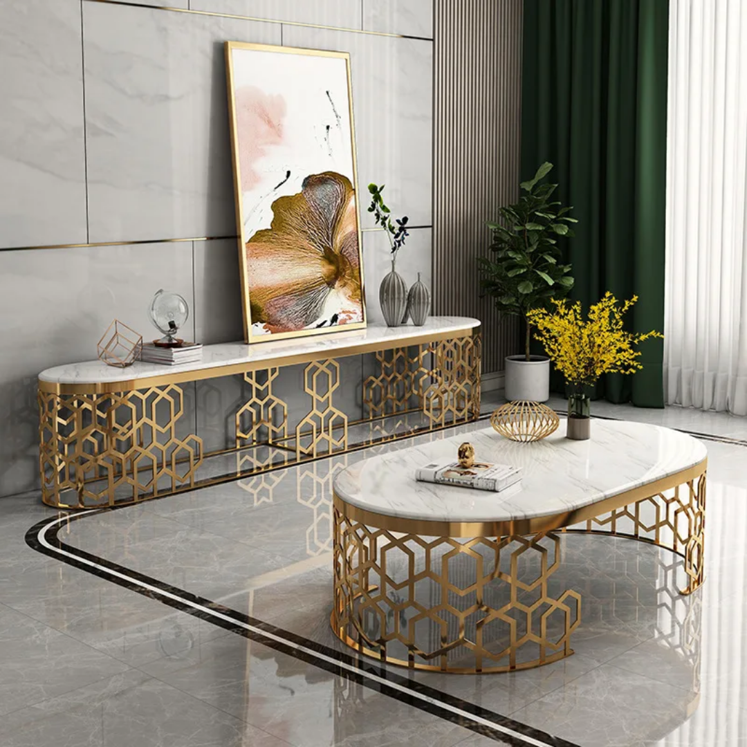 Gold and marble tv stand and coffee table set 