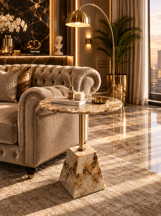 A natural beige luxury side table with a round marble top and a sculptural tapered stone base