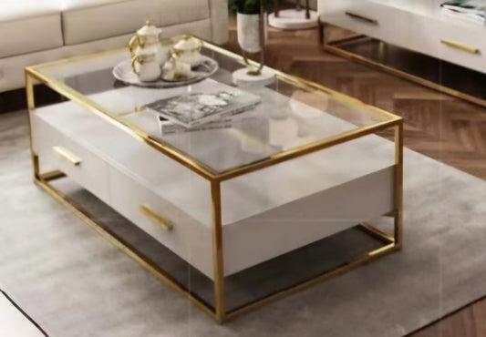 White and gold coffee table with glass top