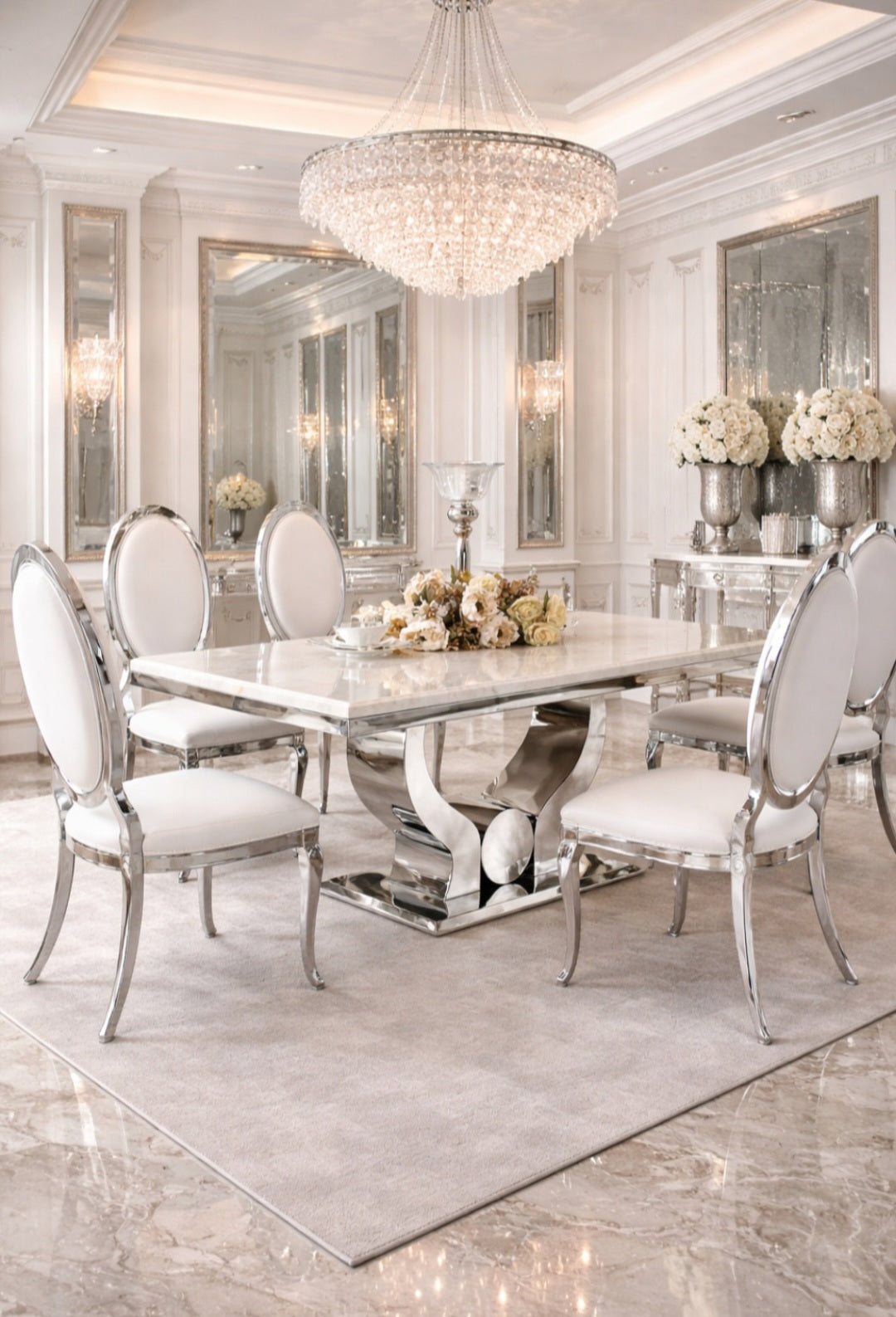 White and silver marble dining set 