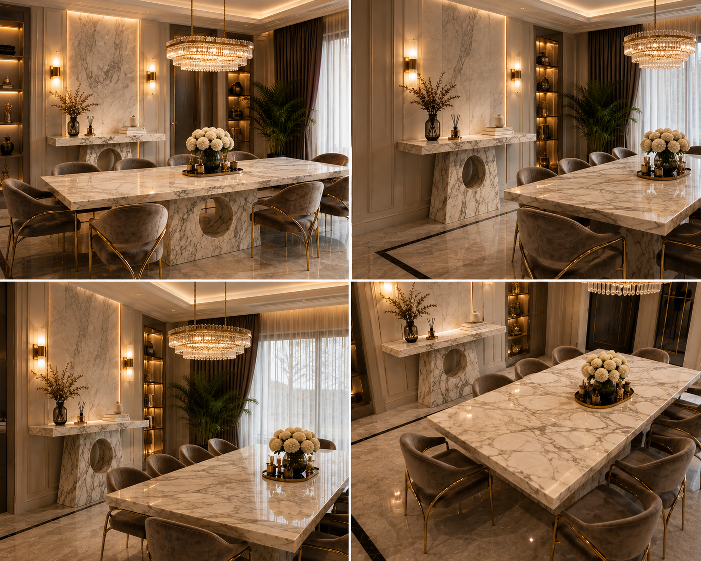 A modern console table with a white and gray marble top and sculptural stone base.