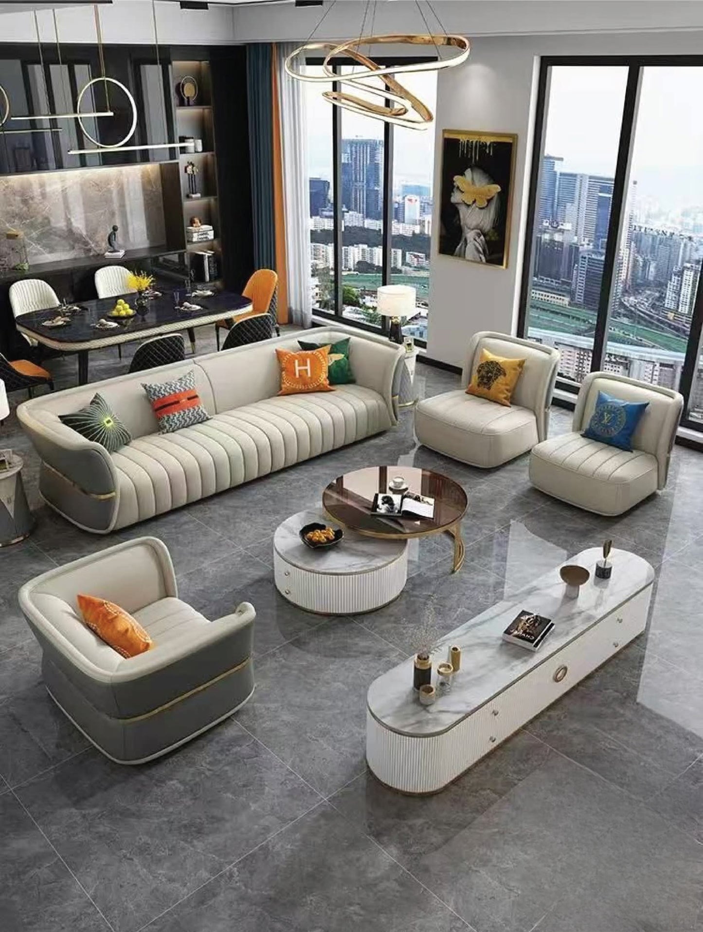 Cream grey leather lounge set