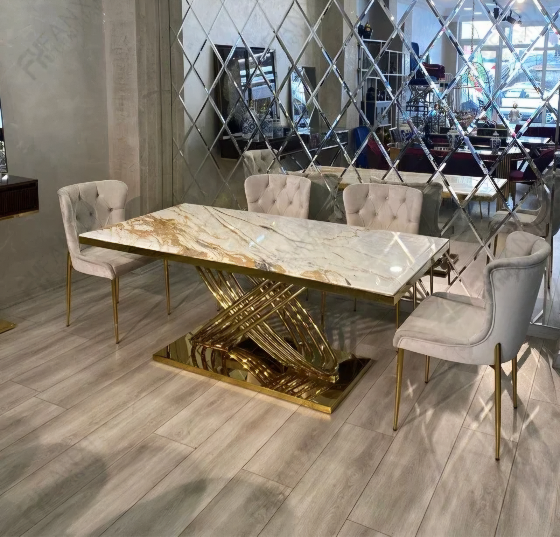 Gold stainless steel dining table marble top