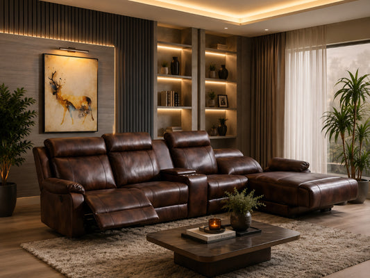Brown electric recliner with day bed l-shape corner suite