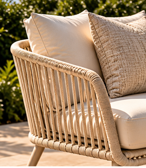 Beige outdoor lounge set with coffee table
