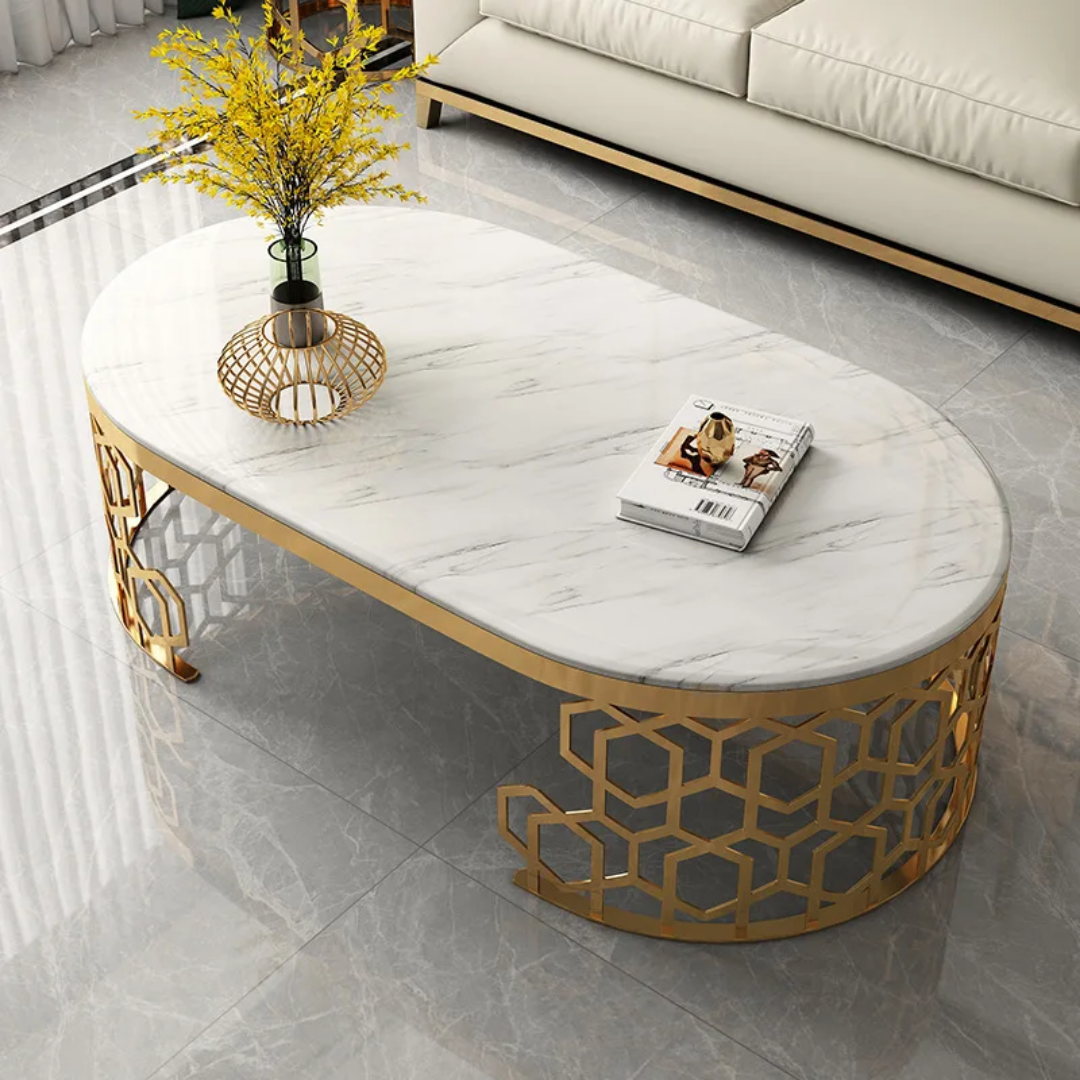 Gold and marble tv stand and coffee table set 