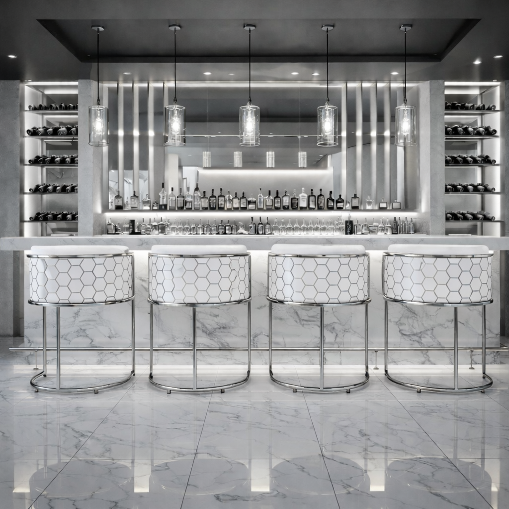 White and silver bar stool honeycomb design 