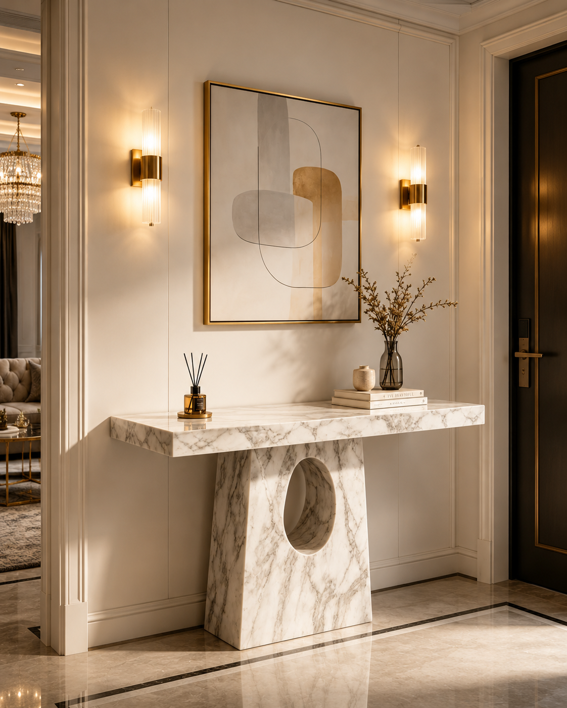 A modern console table with a white and gray marble top and sculptural stone base.