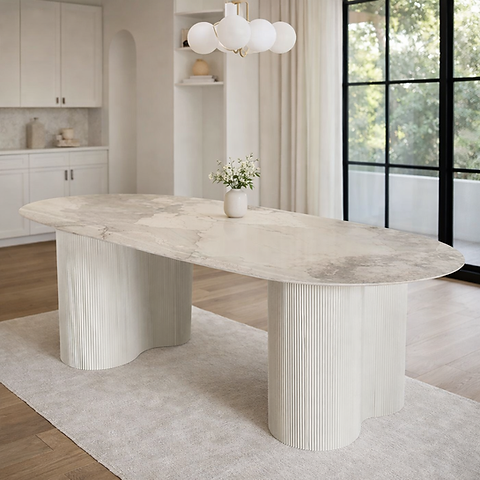 White oval dining table marble top