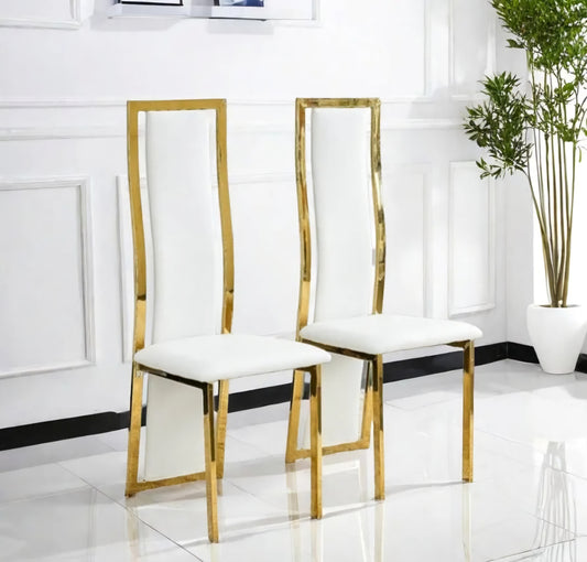 High back white and gold dining chairs