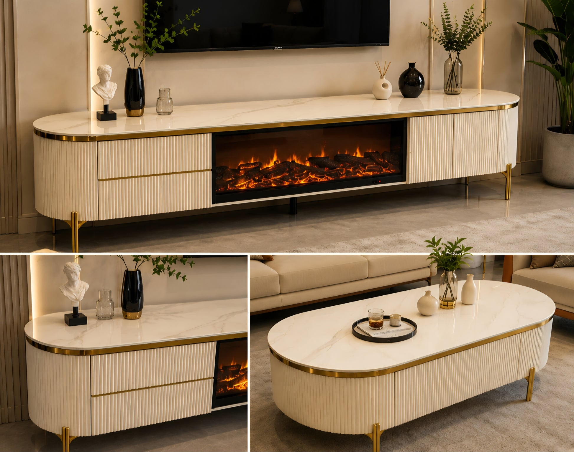 White and gold plasma tv stand with fireplace 