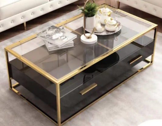 Black and gold coffee table glass top