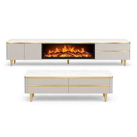 Beige tv stand with fireplace matching coffee table 