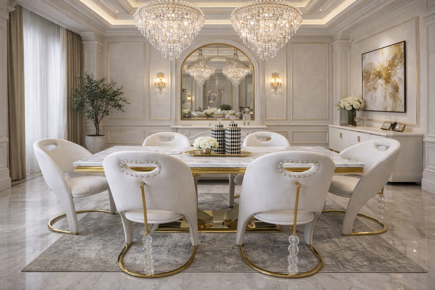 Designer dining chair beige and gold 