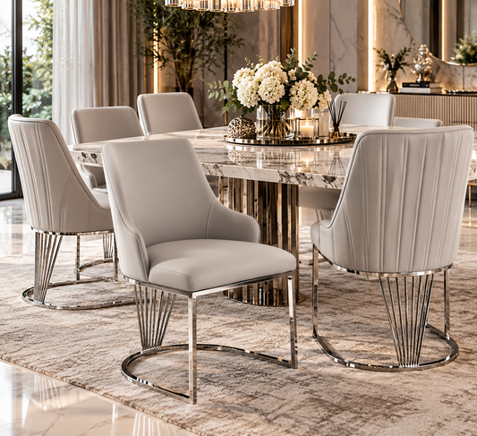 Grey and silver leather dining chairs
