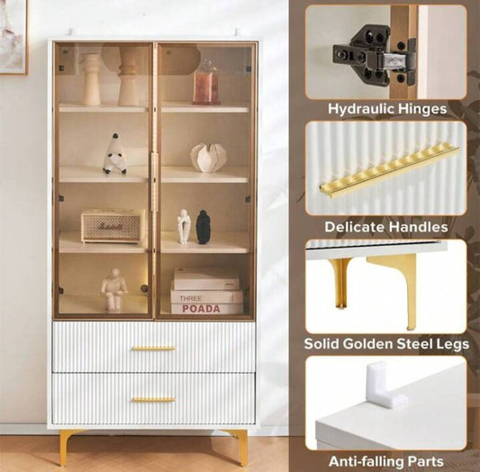 White and gold cabinet with handles