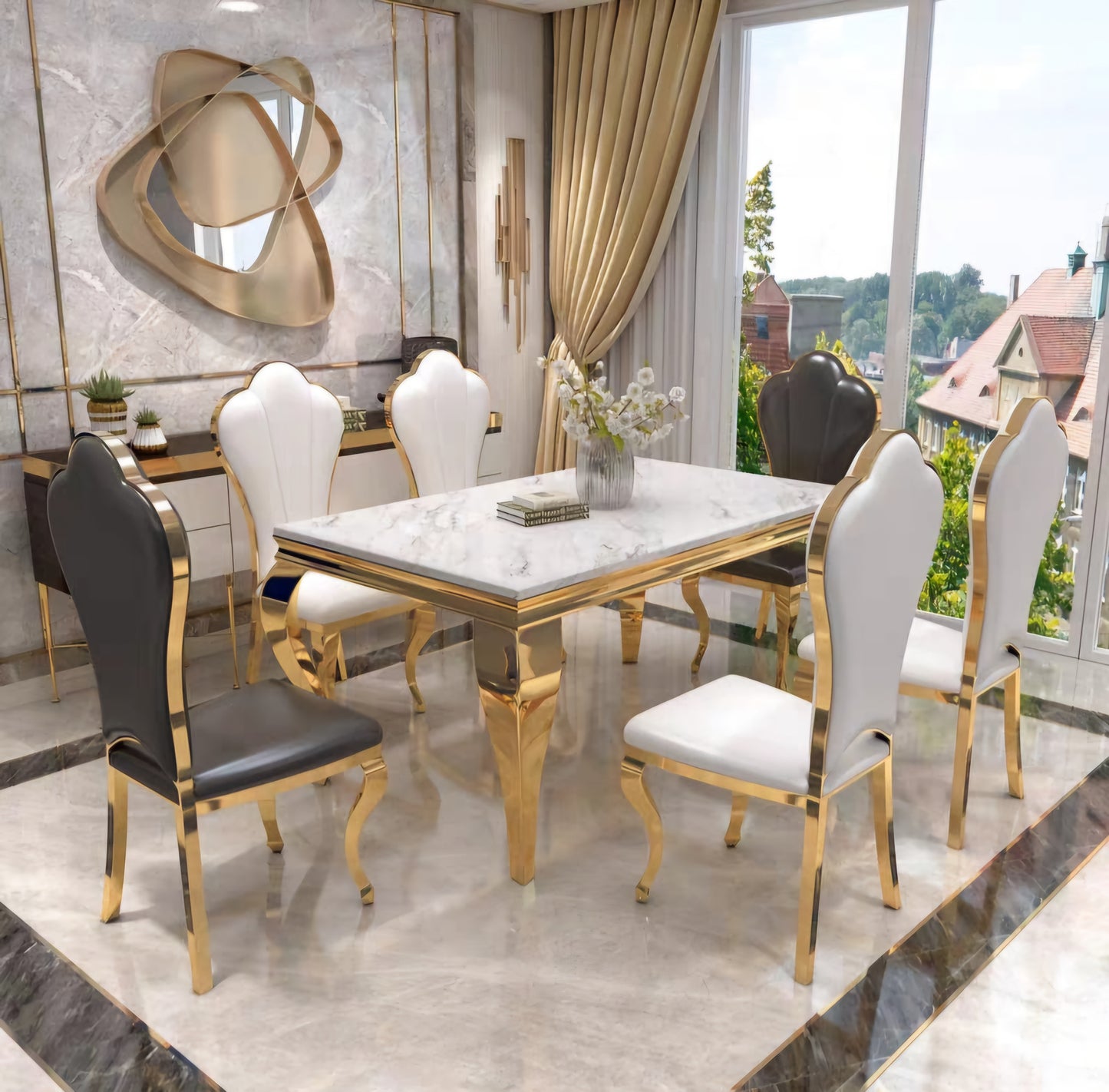 6 seater Gold marble dining set 